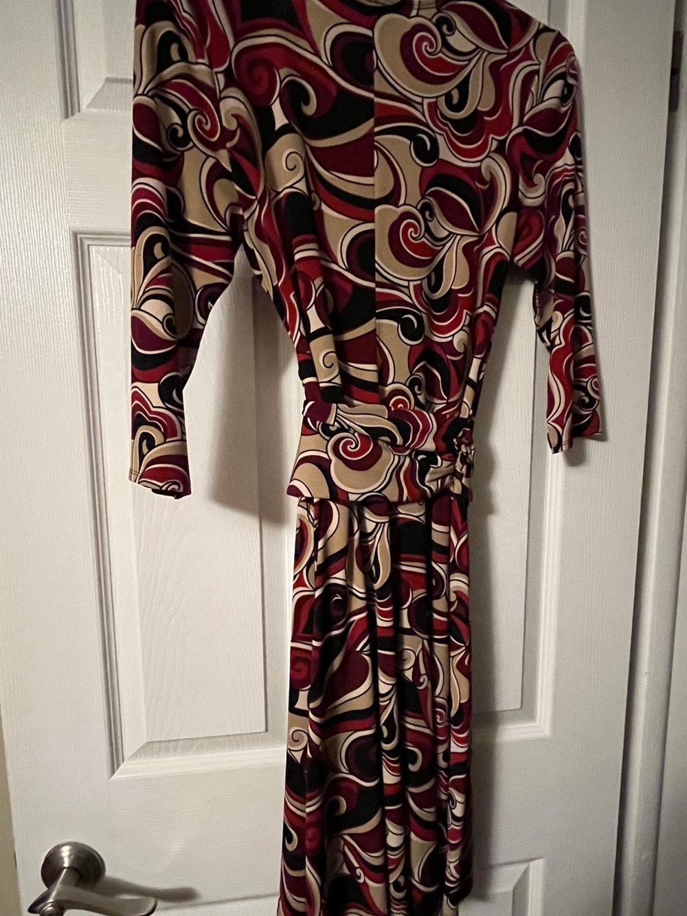 AB Studio Burgundy, Cream and Black Abstract Swirl Long Sleeve Midi Dress
